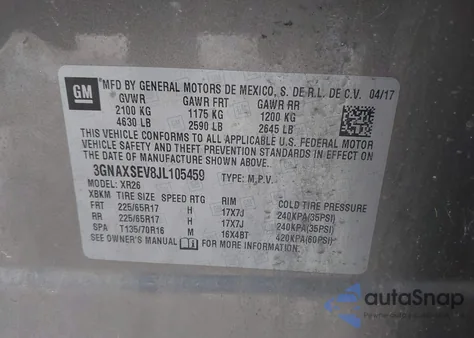 2018 Chevrolet Equinox Lt из США, поврежденный, VIN 3GNAXSEV8JL105459